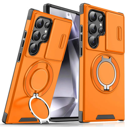 OREKROY Shockproof Magnetic Case with Sliding Camera Lens Protector for Samsung Galaxy S21/S22/S23/S24/S25/S26 Ultra, Featuring Rotating Ring Holder - Ideal for Back to School