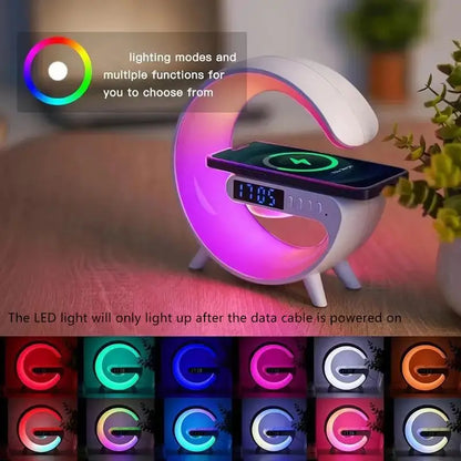 RGB Night Light Lamp Wireless Speaker, Led Light Speaker, Multifunctional Desktop Speaker with Alarm Clock and Wireless Charging Station Pad for Iphone, Samsung, Xiaomi, Huawei