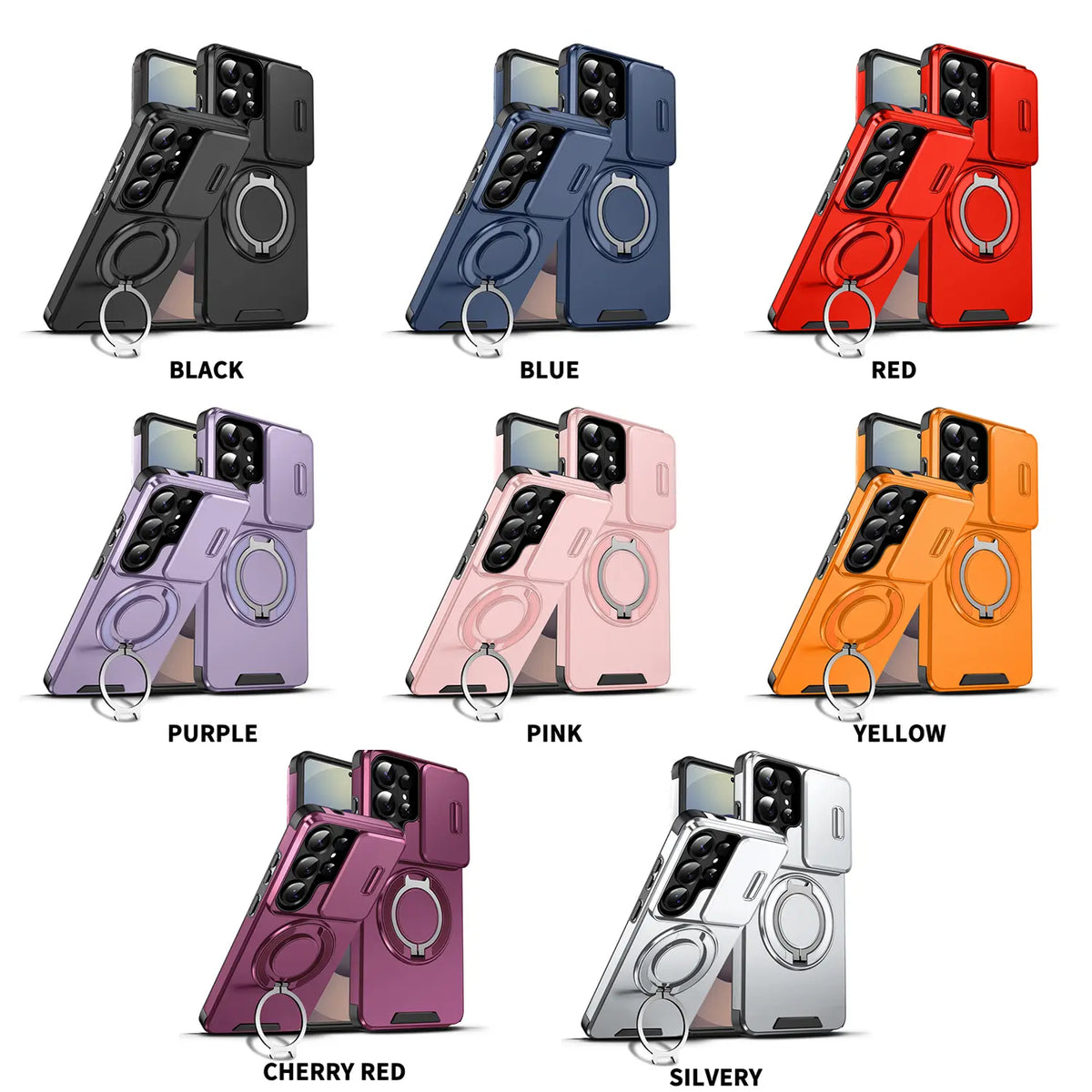 OREKROY Shockproof Magnetic Case with Sliding Camera Lens Protector for Samsung Galaxy S21/S22/S23/S24/S25/S26 Ultra, Featuring Rotating Ring Holder - Ideal for Back to School