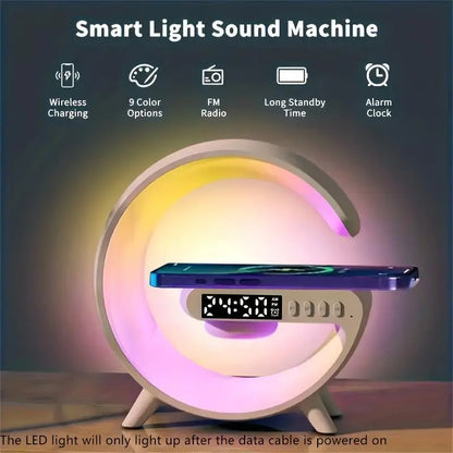 RGB Night Light Lamp Wireless Speaker, Led Light Speaker, Multifunctional Desktop Speaker with Alarm Clock and Wireless Charging Station Pad for Iphone, Samsung, Xiaomi, Huawei