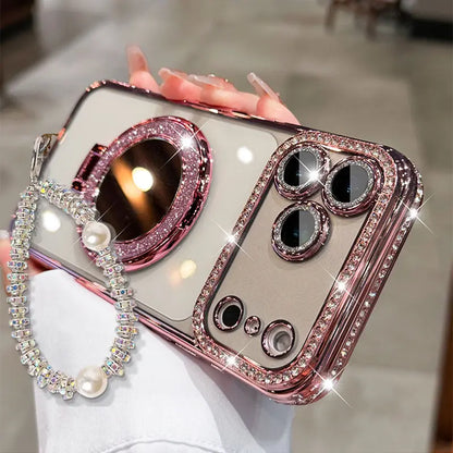 Women's Premium Smartphone Case for iPhone 12/13/14/15/16/17 Pro Max & Plus - Mirror Finish, Handheld Stand, Durable HD Transparent Material, Shockproof Full-Body Protection
