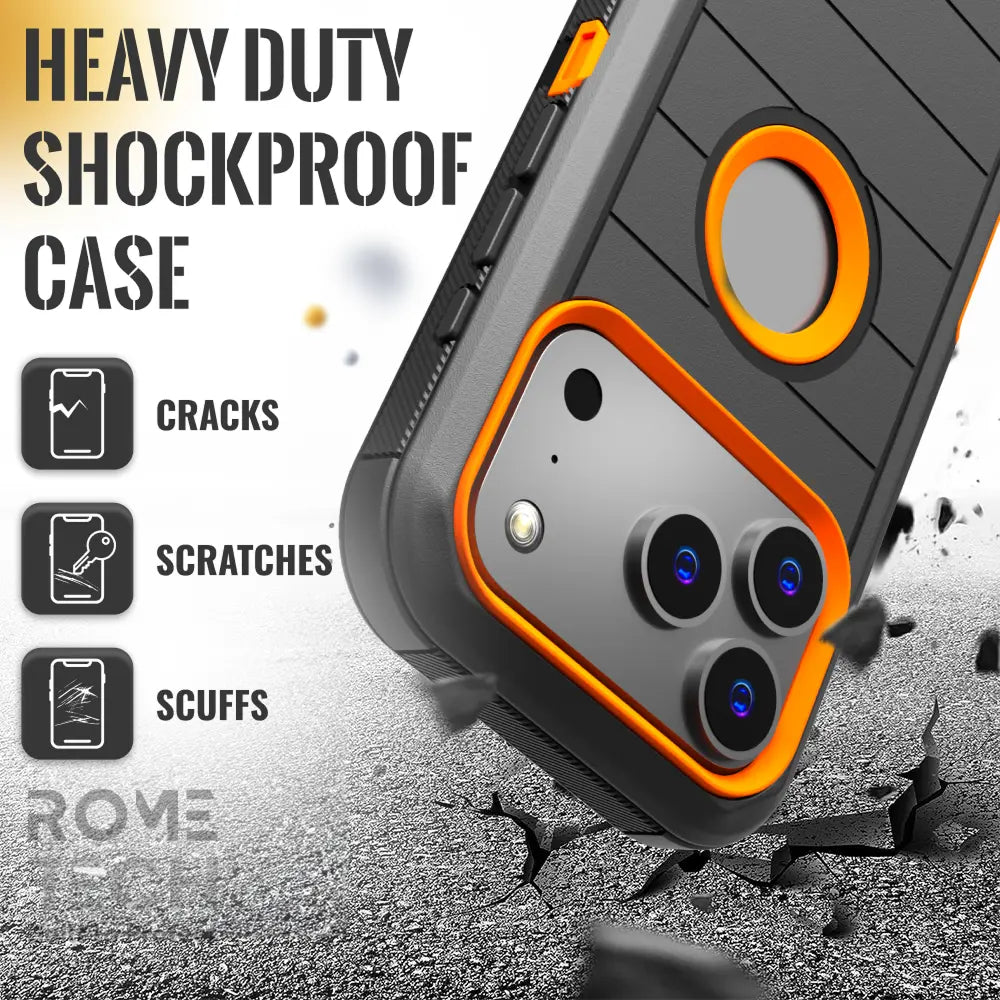 Rome Tech Heavy-Duty Shockproof Defender Case for iPhone 15/16/17 Pro Max - Four Layers of Protection with Integrated Kickstand