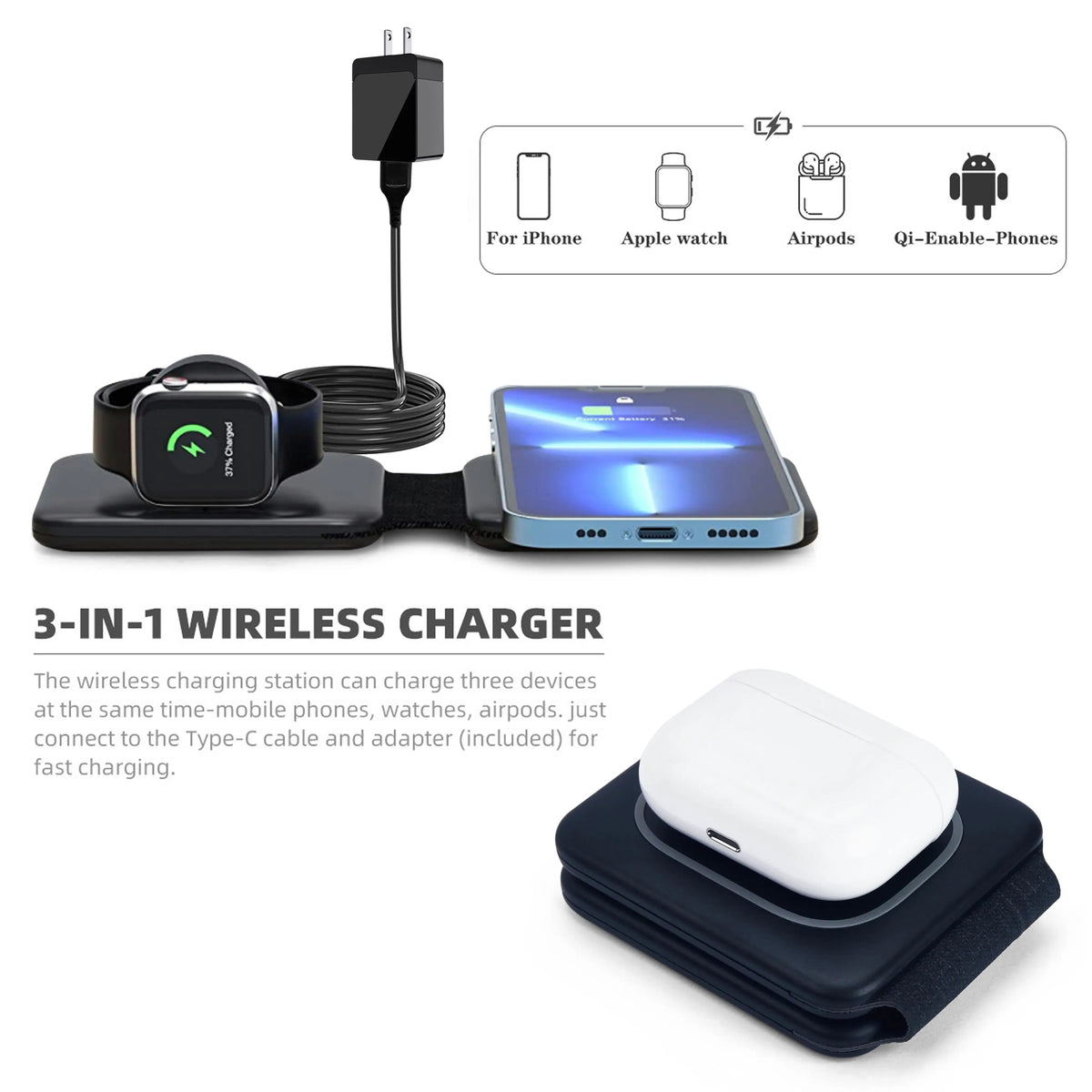 GEEKYFUNTECH Compact Foldable Fast Wireless Charging Station (Black) - Travel-Friendly Wireless Charger