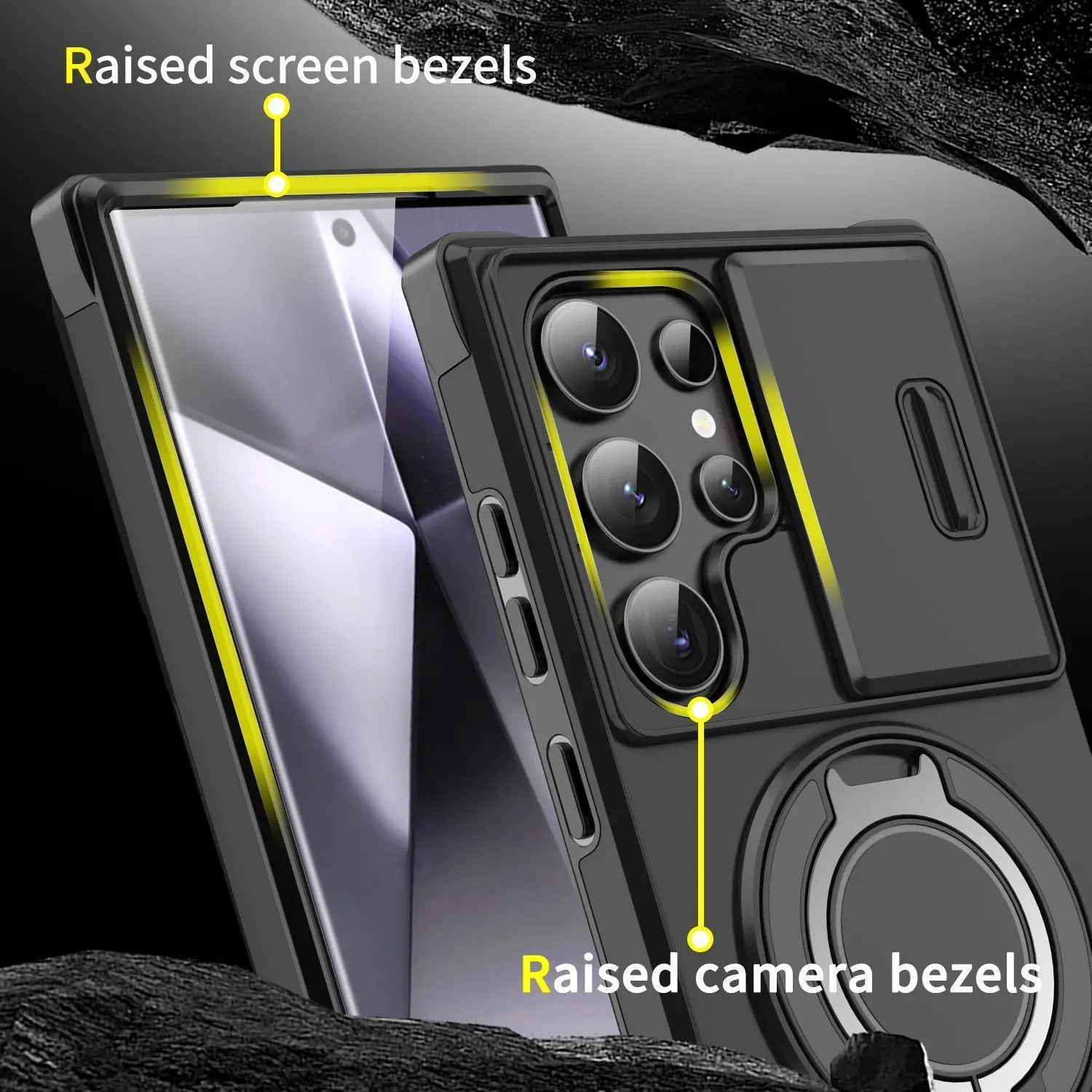 OREKROY Shockproof Magnetic Case with Sliding Camera Lens Protector for Samsung Galaxy S21/S22/S23/S24/S25/S26 Ultra, Featuring Rotating Ring Holder - Ideal for Back to School