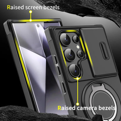 OREKROY Shockproof Magnetic Case with Sliding Camera Lens Protector for Samsung Galaxy S21/S22/S23/S24/S25/S26 Ultra, Featuring Rotating Ring Holder - Ideal for Back to School