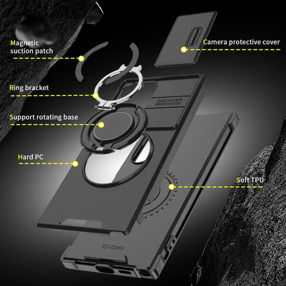 OREKROY Shockproof Magnetic Case with Sliding Camera Lens Protector for Samsung Galaxy S21/S22/S23/S24/S25/S26 Ultra, Featuring Rotating Ring Holder - Ideal for Back to School