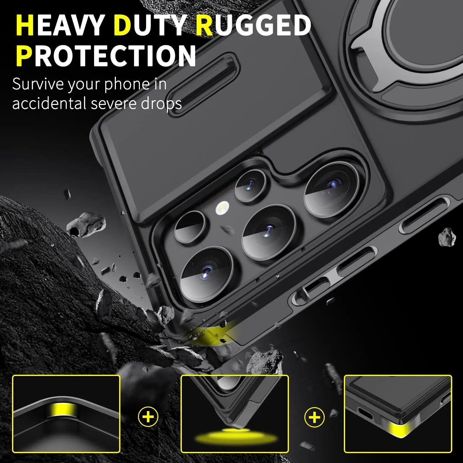 OREKROY Shockproof Magnetic Case with Sliding Camera Lens Protector for Samsung Galaxy S21/S22/S23/S24/S25/S26 Ultra, Featuring Rotating Ring Holder - Ideal for Back to School