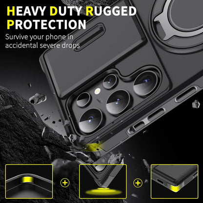 OREKROY Shockproof Magnetic Case with Sliding Camera Lens Protector for Samsung Galaxy S21/S22/S23/S24/S25/S26 Ultra, Featuring Rotating Ring Holder - Ideal for Back to School