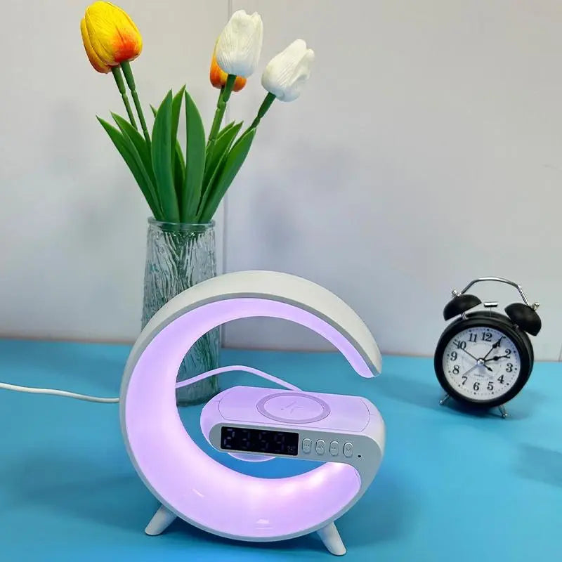 RGB Night Light Lamp Wireless Speaker, Led Light Speaker, Multifunctional Desktop Speaker with Alarm Clock and Wireless Charging Station Pad for Iphone, Samsung, Xiaomi, Huawei