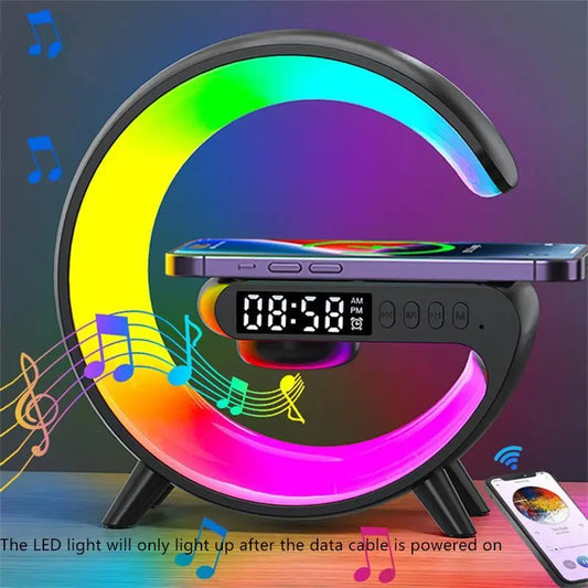 RGB Night Light Lamp Wireless Speaker, Led Light Speaker, Multifunctional Desktop Speaker with Alarm Clock and Wireless Charging Station Pad for Iphone, Samsung, Xiaomi, Huawei