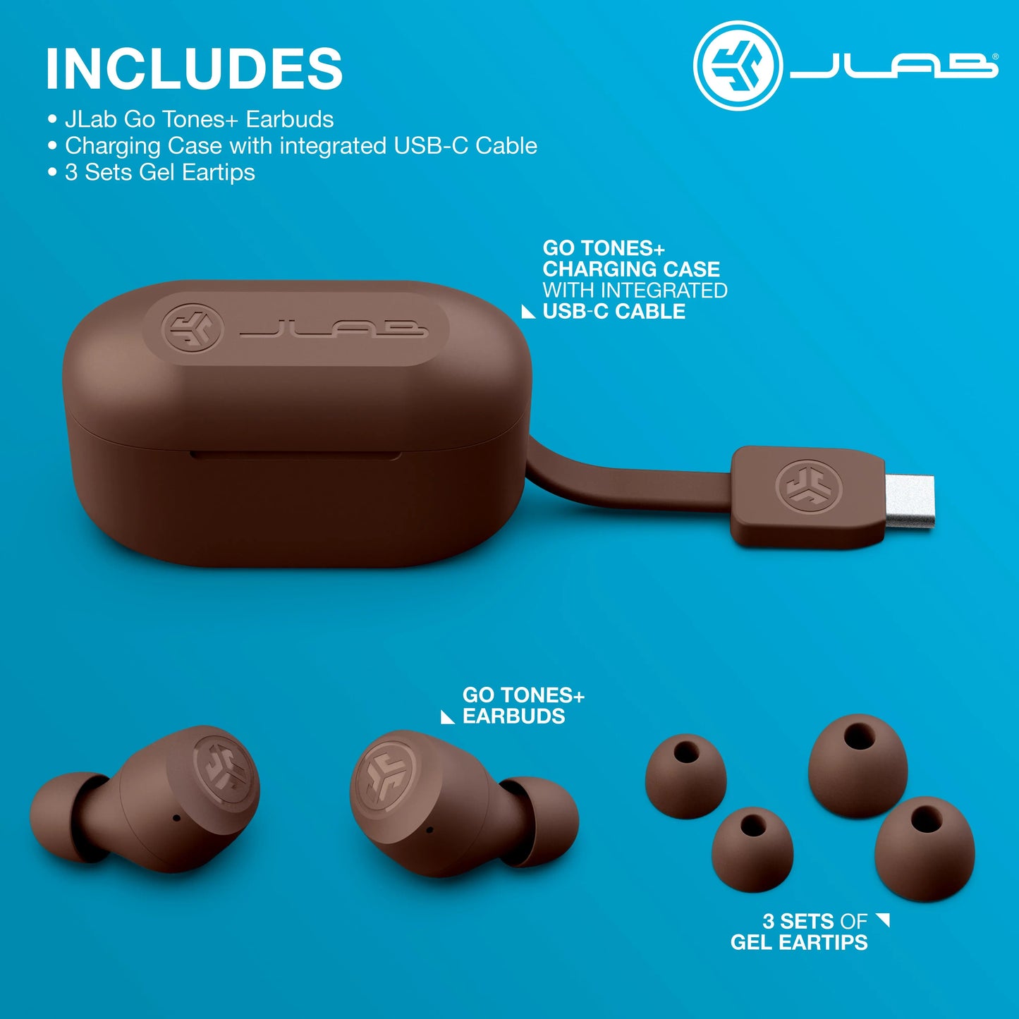 JLab GO Tones+ True Wireless Bluetooth Earbuds - 35+ Hours Playtime, Customizable EQ, Fast Charging, Integrated Cable, Touch Controls
