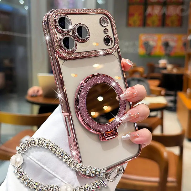 Women's Premium Smartphone Case for iPhone 12/13/14/15/16/17 Pro Max & Plus - Mirror Finish, Handheld Stand, Durable HD Transparent Material, Shockproof Full-Body Protection
