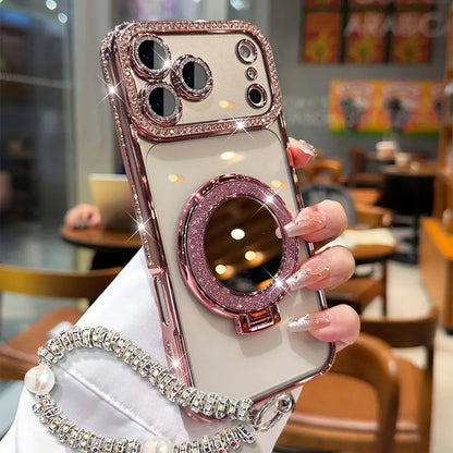 Women's Premium Smartphone Case for iPhone 12/13/14/15/16/17 Pro Max & Plus - Mirror Finish, Handheld Stand, Durable HD Transparent Material, Shockproof Full-Body Protection