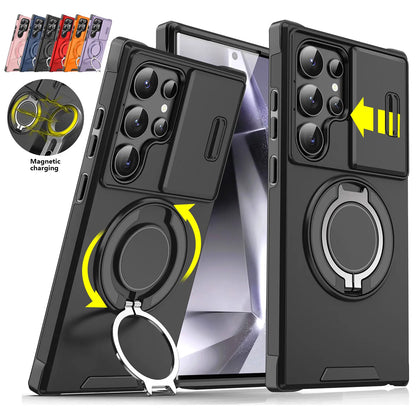 OREKROY Shockproof Magnetic Case with Sliding Camera Lens Protector for Samsung Galaxy S21/S22/S23/S24/S25/S26 Ultra, Featuring Rotating Ring Holder - Ideal for Back to School