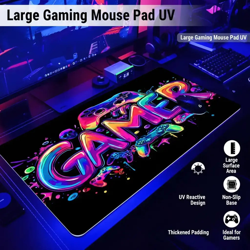 Large UV Reactive Gaming Mouse Pad - Non-Slip Rubber Material for E-Sports and Gaming Accessories