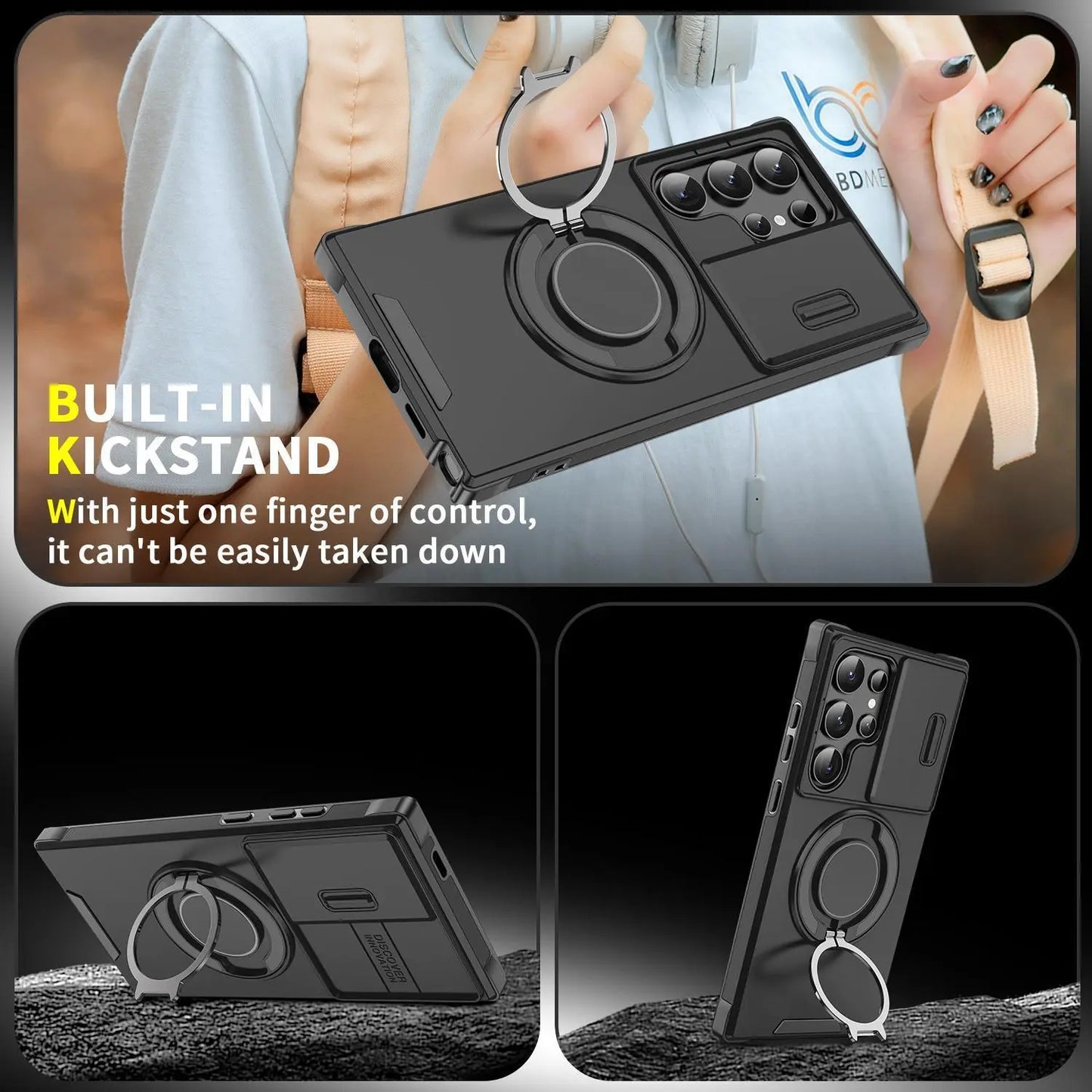 OREKROY Shockproof Magnetic Case with Sliding Camera Lens Protector for Samsung Galaxy S21/S22/S23/S24/S25/S26 Ultra, Featuring Rotating Ring Holder - Ideal for Back to School