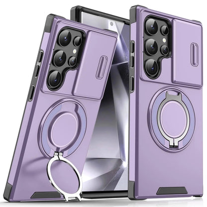 OREKROY Shockproof Magnetic Case with Sliding Camera Lens Protector for Samsung Galaxy S21/S22/S23/S24/S25/S26 Ultra, Featuring Rotating Ring Holder - Ideal for Back to School