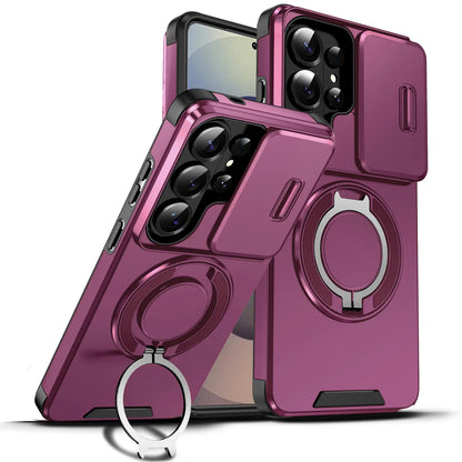 OREKROY Shockproof Magnetic Case with Sliding Camera Lens Protector for Samsung Galaxy S21/S22/S23/S24/S25/S26 Ultra, Featuring Rotating Ring Holder - Ideal for Back to School