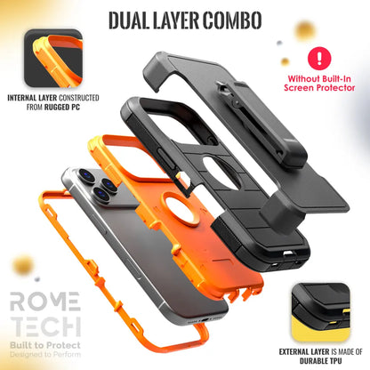 Rome Tech Heavy-Duty Shockproof Defender Case for iPhone 15/16/17 Pro Max - Four Layers of Protection with Integrated Kickstand