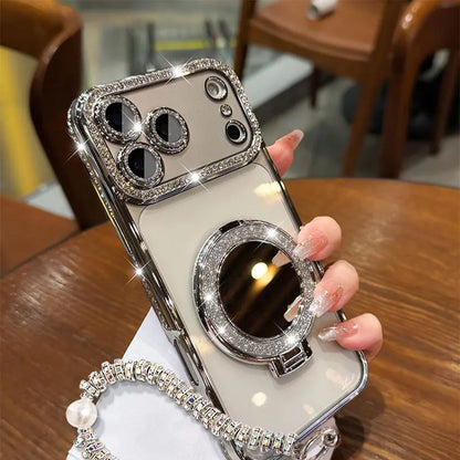 Women's Premium Smartphone Case for iPhone 12/13/14/15/16/17 Pro Max & Plus - Mirror Finish, Handheld Stand, Durable HD Transparent Material, Shockproof Full-Body Protection