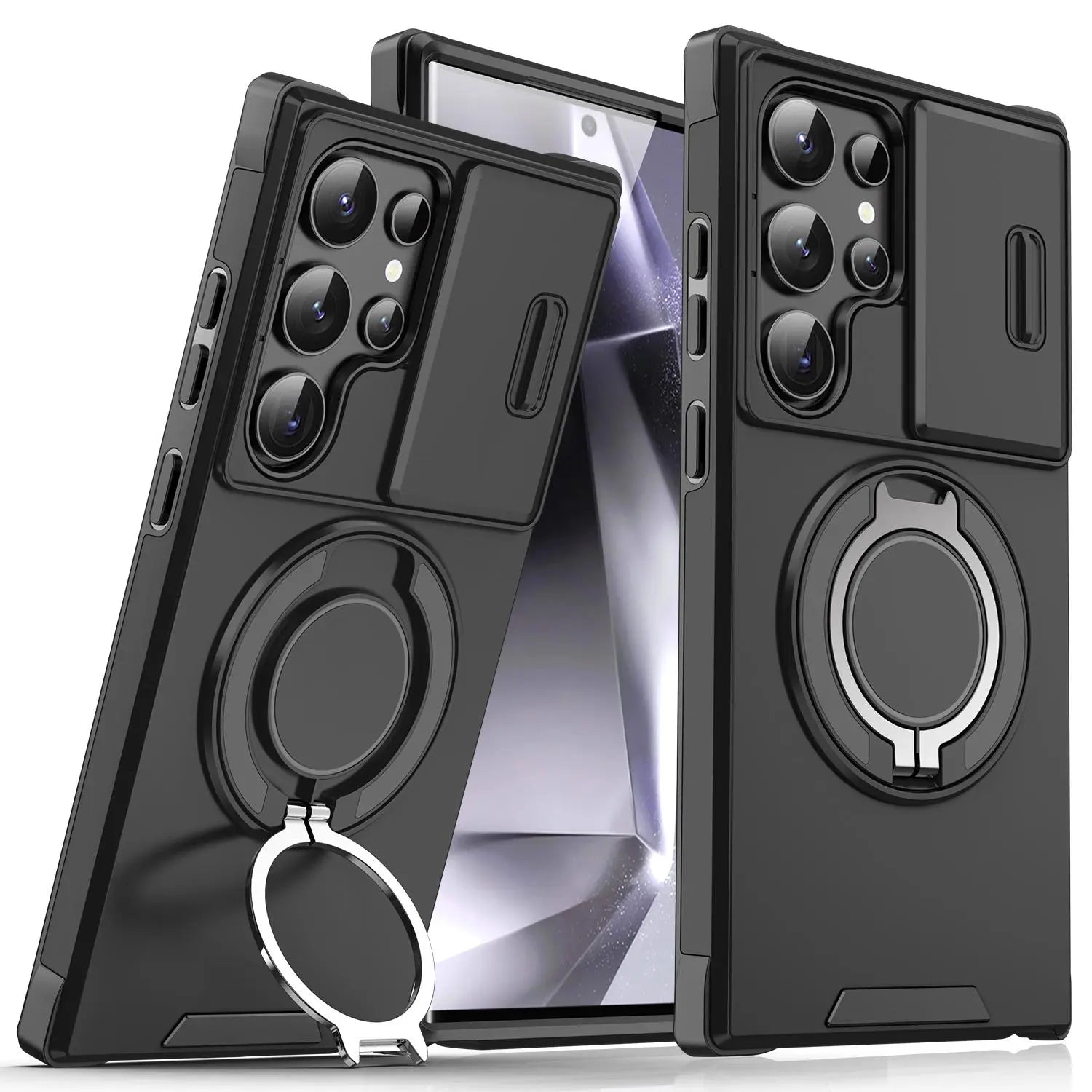 OREKROY Shockproof Magnetic Case with Sliding Camera Lens Protector for Samsung Galaxy S21/S22/S23/S24/S25/S26 Ultra, Featuring Rotating Ring Holder - Ideal for Back to School