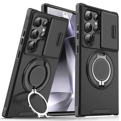OREKROY Shockproof Magnetic Case with Sliding Camera Lens Protector for Samsung Galaxy S21/S22/S23/S24/S25/S26 Ultra, Featuring Rotating Ring Holder - Ideal for Back to School